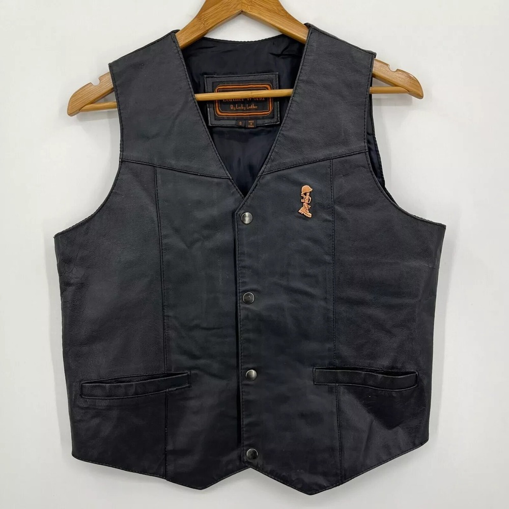 Leather World Lucky Leather Motorcycle Vest Adult Size S‎ Black Button Snap USA